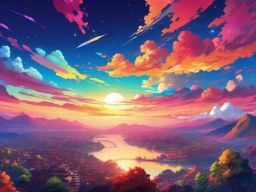 Anime Sky Wallpaper Vibrant World of Anime with Colorful Skies wallpaper splash art, vibrant colors, intricate patterns