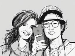 drawing of friends taking a selfie  minimal rough sketch scribbles,doodles,black and white