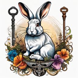 Rabbit and key symbolism ink. Unlocking the secrets of magic.  color tattoo, white background