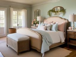 French Country master bedroom highlights vintage furniture, soft pastels in bedding, and charming accents that create a quaint atmosphere.  