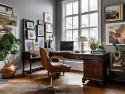 Eclectic office space with mismatched furniture and quirky artwork.  