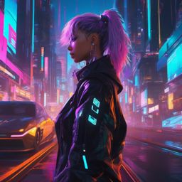 Futuristic cyberpunk character in a neon cityscape. , aesthetic anime, portrait, centered, head and hair visible, pfp