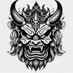 Black Oni Tattoo - A traditional Oni tattoo in black ink, emphasizing bold lines and powerful imagery.  simple color tattoo,white background,minimal