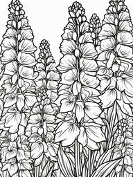 Delphinium coloring page sheet - Delphiniums towering in a well-kept flower bed.  black outline printable coloring page