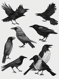 drawing of crows in folklore  minimal rough sketch scribbles,doodles,black and white