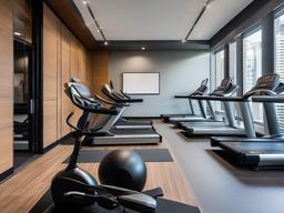 In the gym room, urban modern interior design includes functional workout equipment, clean lines, and a well-organized layout that enhances fitness activities in a stylish environment.  