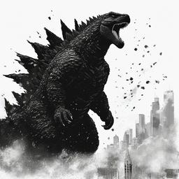 drawing of Godzilla with explosions  minimal rough sketch scribbles,doodles,black and white