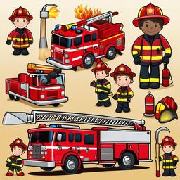 Fireman clipart - fire truck and crew  vector clipart