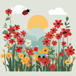 Ladybird clipart - ladybird flying over a flower garden  color,minimalist,vector clipart