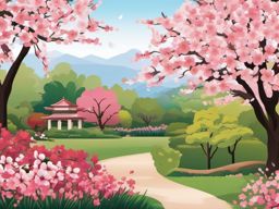 Cherry Blossom Garden Elegance clipart - Elegant garden filled with cherry blossoms, ,vector color clipart,minimal