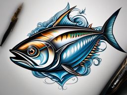 Tuna Tattoo,a majestic tattoo featuring the formidable tuna, symbol of strength and power. , color tattoo design, white clean background