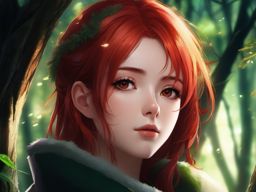 Front facing face, girl with red hair, small eyes in a mystical forest.  close shot of face, face front facing, profile picture, anime style