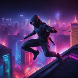 stealthy ninja warrior leaping from rooftop to rooftop in a bustling, neon-lit city. 