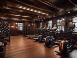 In the gym room, steampunk interior design includes vintage-inspired equipment, warm colors, and unique accents that enhance workouts and fitness activities in a stylish setting.  