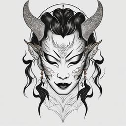 Hannya Mask Tattoo Woman - A tattoo design featuring the Hannya mask, designed specifically for a woman.  simple color tattoo,white background,minimal