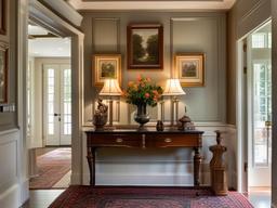 The foyer features American Colonial interior design with elegant furnishings, classic artwork, and a warm welcome that invites guests into a stylish home.  