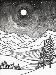 Winter Night Coloring Pages - Starry Nights with Snowy Landscapes  minimal black outline printable sheet, coloring page