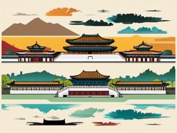 Seoul clipart - Gyeongbokgung Palace and Seoul skyline,  color vector clipart