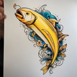 Banana Fish Tattoo,a whimsical tattoo featuring a banana fish, a unique and imaginative creation. , color tattoo design, white clean background