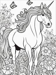 Unicorn Coloring Pages - Unicorn playing with butterflies in a flower meadow  simple coloring pages