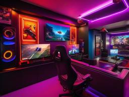 In the gamer room, maximalist interior design features vibrant gaming setups, colorful posters, and dynamic lighting that create an energetic environment for immersive gaming experiences.  