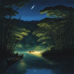 iriomote island - create a dreamy night painting of iriomote island's mangrove forests, where kayakers glide through bioluminescent waters, guided by the light of fireflies. 