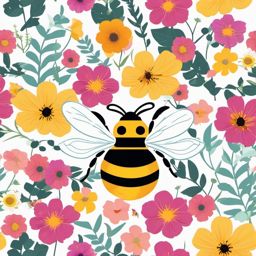 Bee Clipart - Bee collecting nectar from vibrant flowers , minimal, 2d