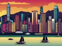 Hong Kong clipart - Hong Kong skyline with Victoria Harbour,  color vector clipart