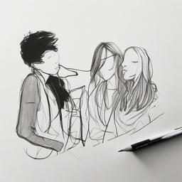 simple drawing of friends  minimal rough sketch scribbles,doodles,black and white