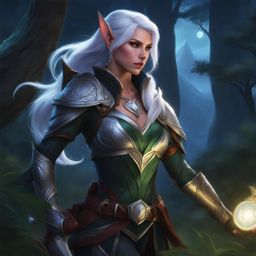 fiora silvermoon, an elf ranger, is tracking a legendary beast through a moonlit wilderness. 