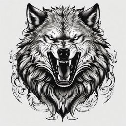 Snarling Wolf Tattoo,fierce wolf caught in the act of snarling, emblem of raw, untamed power. , tattoo design, white clean background