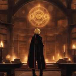 edward elric transmutes elements with intricate alchemical circles in an ancient library. 