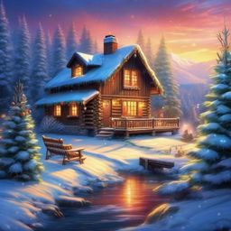 Christmas Scenery Wallpaper Cozy Cabin Retreats in a Winter Wonderland wallpaper splash art, vibrant colors, intricate patterns