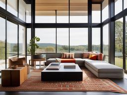 Bauhaus sunroom showcases minimalist furniture, geometric patterns in textiles, and abundant natural light, blending modern design with a functional indoor-outdoor transition.  