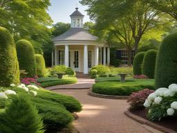 In the garden, American Colonial interior design highlights classic sculptures, well-maintained paths, and traditional plants that create a beautiful outdoor retreat for relaxation and enjoyment.  