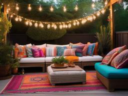 Bohemian patio is adorned with colorful cushions, eclectic decor, and string lights, creating a lively and personalized space for relaxing and entertaining outdoors.  