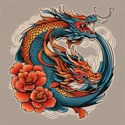 Dragon and Koi Fish Tattoo-Bold and dynamic tattoo featuring a dragon and Koi fish, capturing themes of strength, transformation, and resilience.  simple color vector tattoo