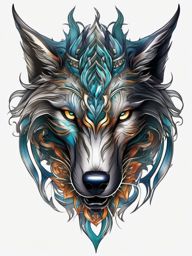 Dragon Wolf Tattoo,mystical tattoo featuring both a dragon and a wolf, combination of legend and wild spirit. , color tattoo design, white clean background