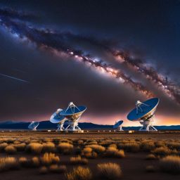 new mexico's very large array - create a surreal night painting of the very large array radio telescope, where giant dish antennas reach for the cosmos under dark skies. 