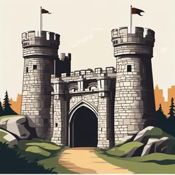 Large castle with stone walls and drawbridge clipart.  vector style illustration, white background