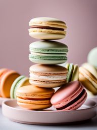 a tower of delicate macarons in pastel colors, each with a crisp shell and creamy filling. 