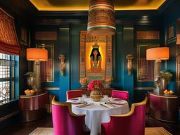 The dining room embodies Egyptian Revival interior design with a stately table, chairs adorned with hieroglyphics, and vibrant colors that bring a sense of history to each meal.  