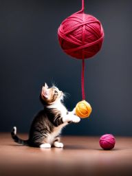 playful kitten batting at a dangling yarn ball. 