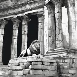 drawing of a lion in ancient ruins  minimal rough sketch scribbles,doodles,black and white