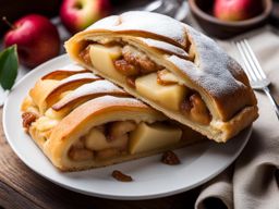 apfelstrudel, austrian apple strudel, indulged at a cozy chalet in the austrian alps. 