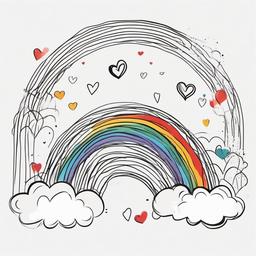 drawing of a rainbow with hearts  minimal rough sketch scribbles,doodles,black and white