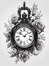 Memento mori clock design: Reminding of mortality, urging to live fully.  black white tattoo, white background