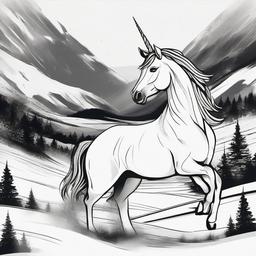 drawing of a unicorn in a snowy landscape  minimal rough sketch scribbles,doodles,black and white