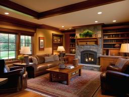 Craftsman living room showcases handcrafted wood furniture, a stone hearth, and built-in cabinetry, embodying the quality and artistry of a bygone era of design.  