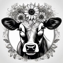 Cow with sunflower crown design: Natural beauty, a touch of whimsy.  black and white tattoo style